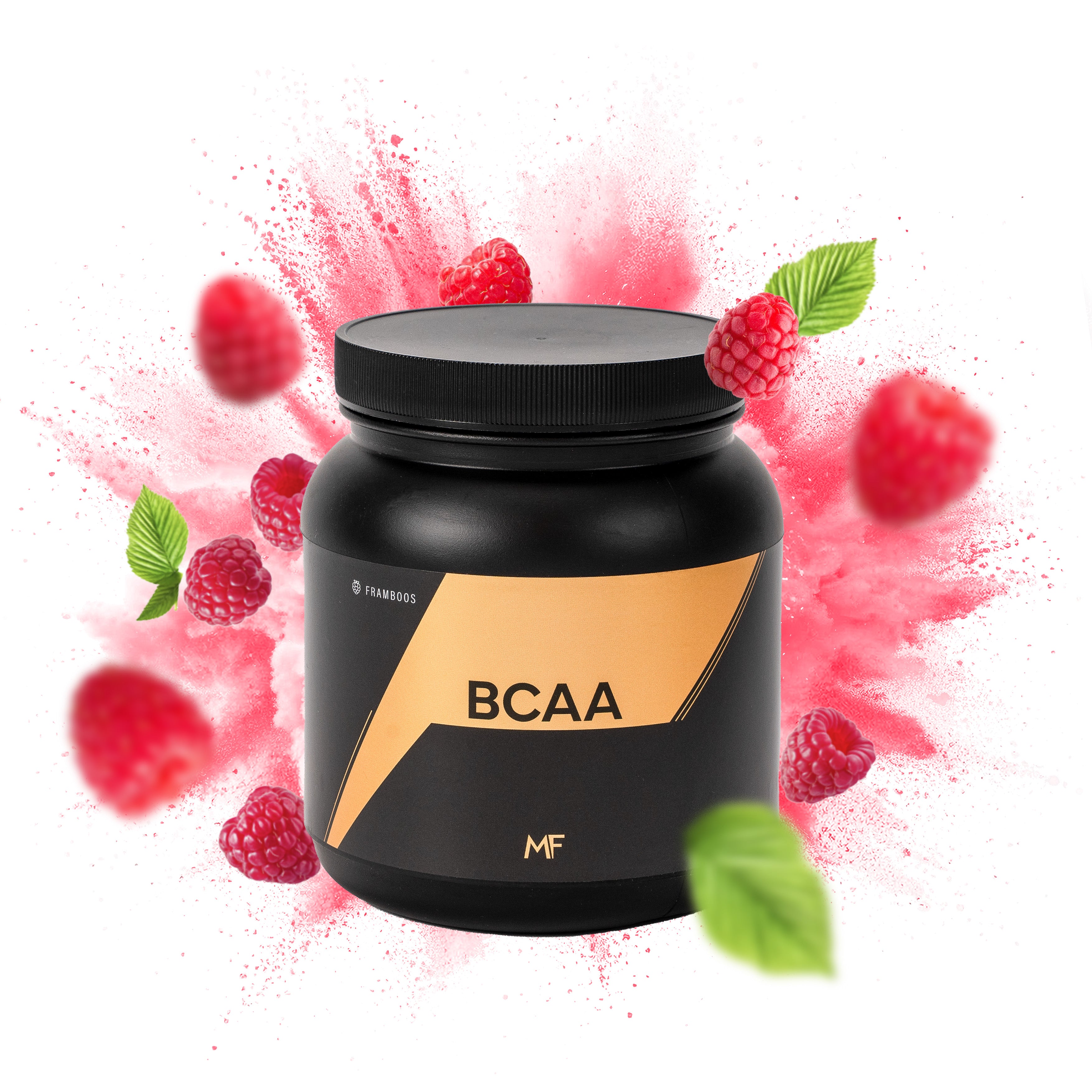 MuscleFuel BCAA – Framboos smaak met framboos, groene blaadjes op explosieve achtergrond