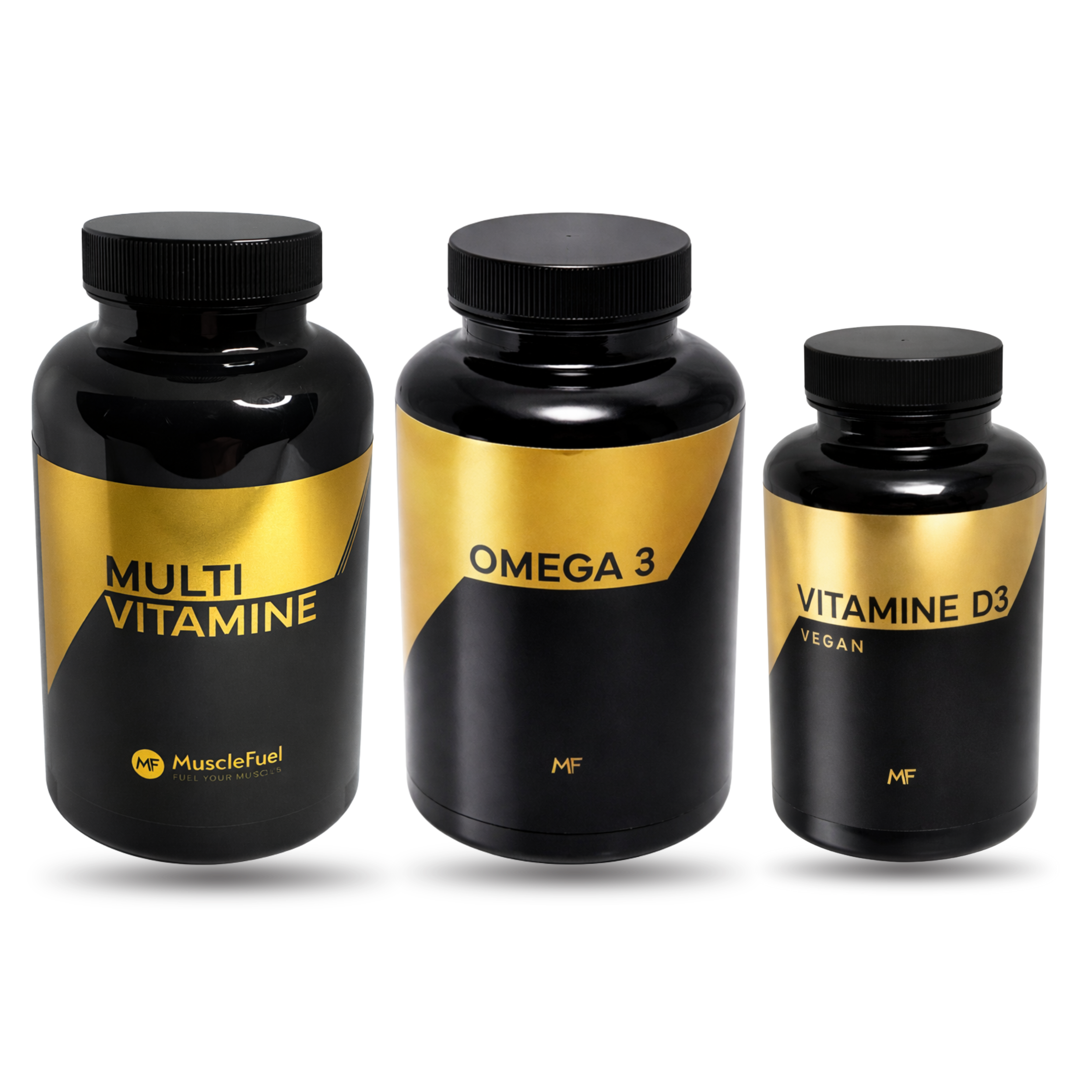 MuscleFuel gezondheidspakket met multivitamine, omega 3 en vitamine D3 in zwarte potten met goud label.