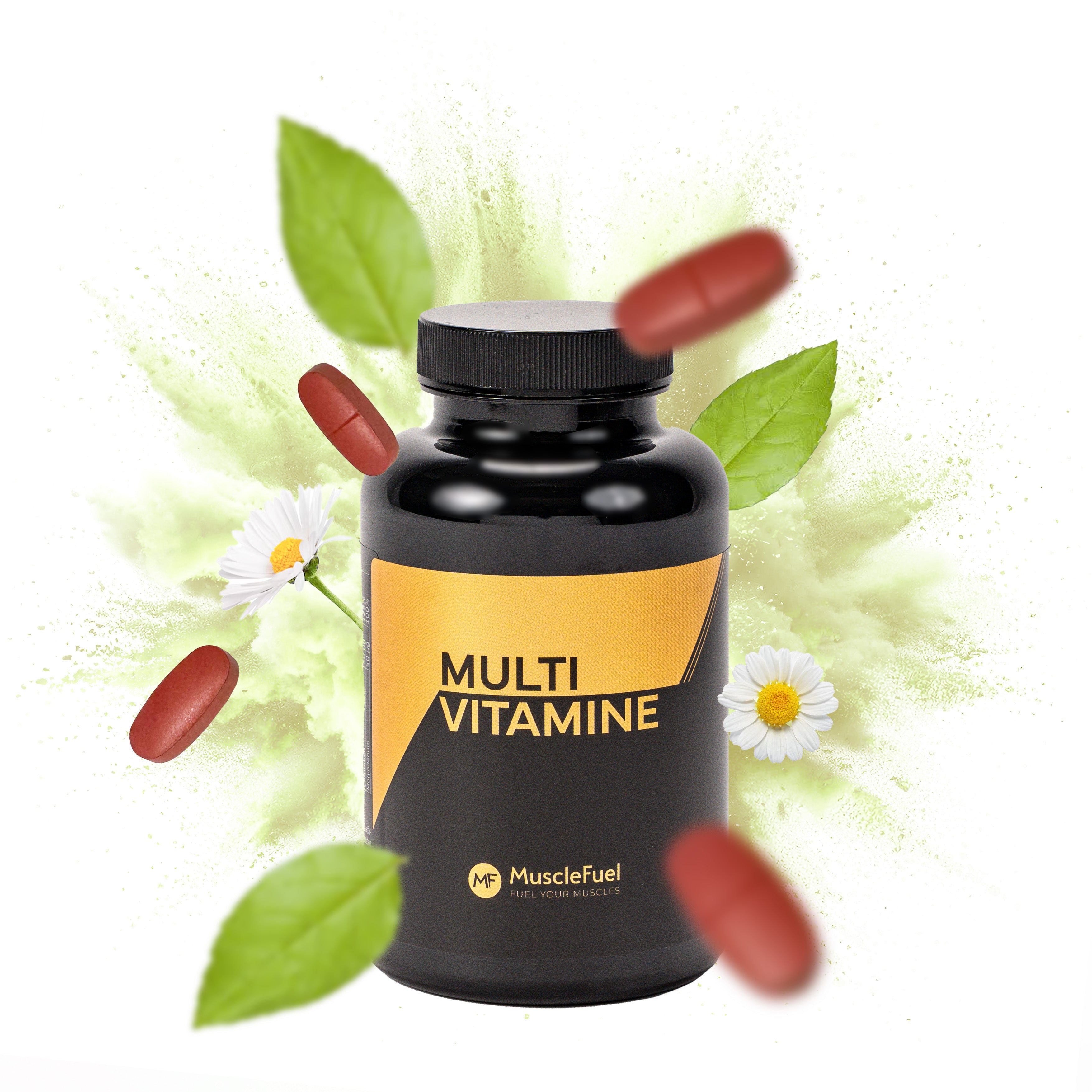 MuscleFuel multivitamine pot met rode capsules, groene bladeren en bloemen op frisse groene achtergrond.