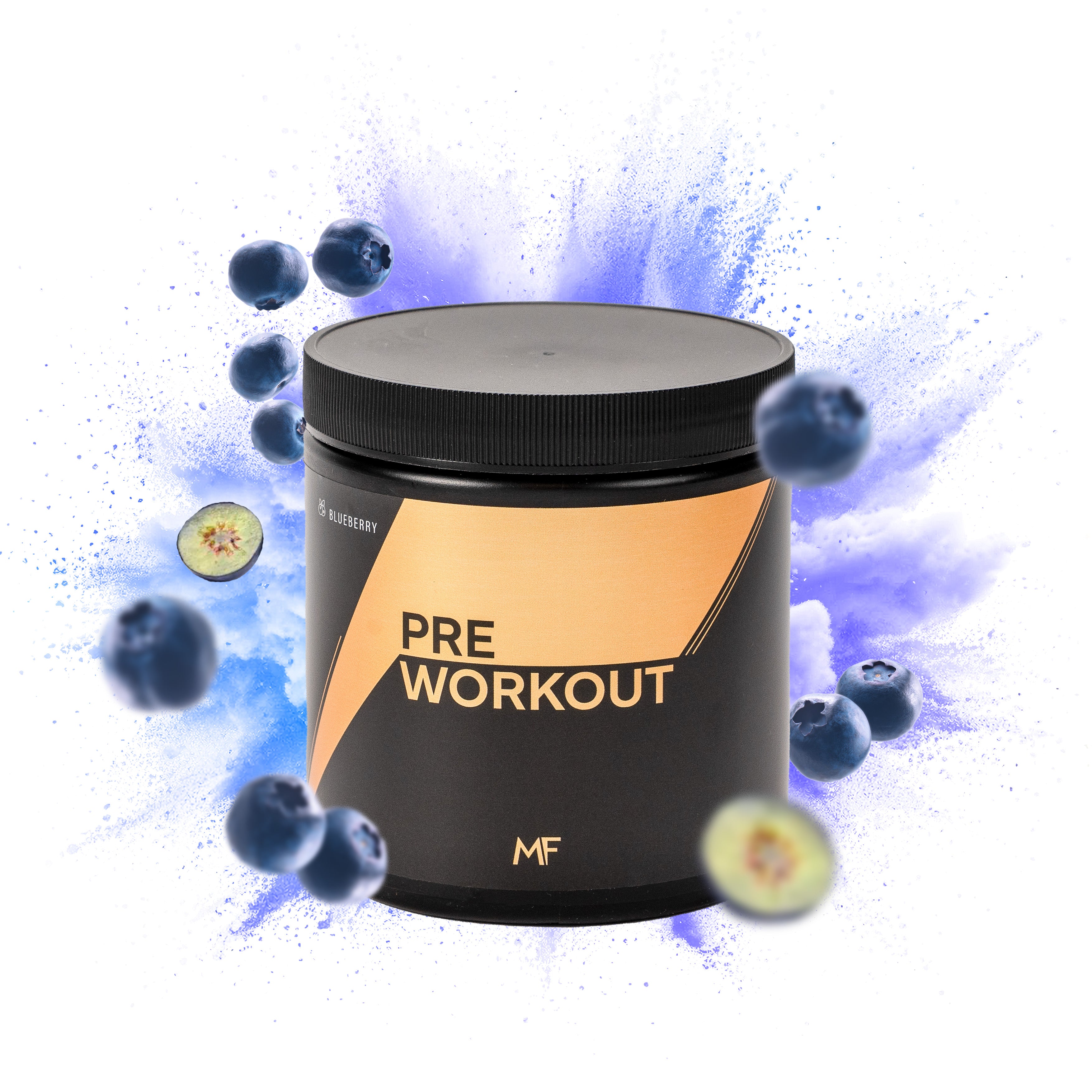 MuscleFuel Pre Workout – Blueberry smaak met blauwe bessen op explosieve achtergrond