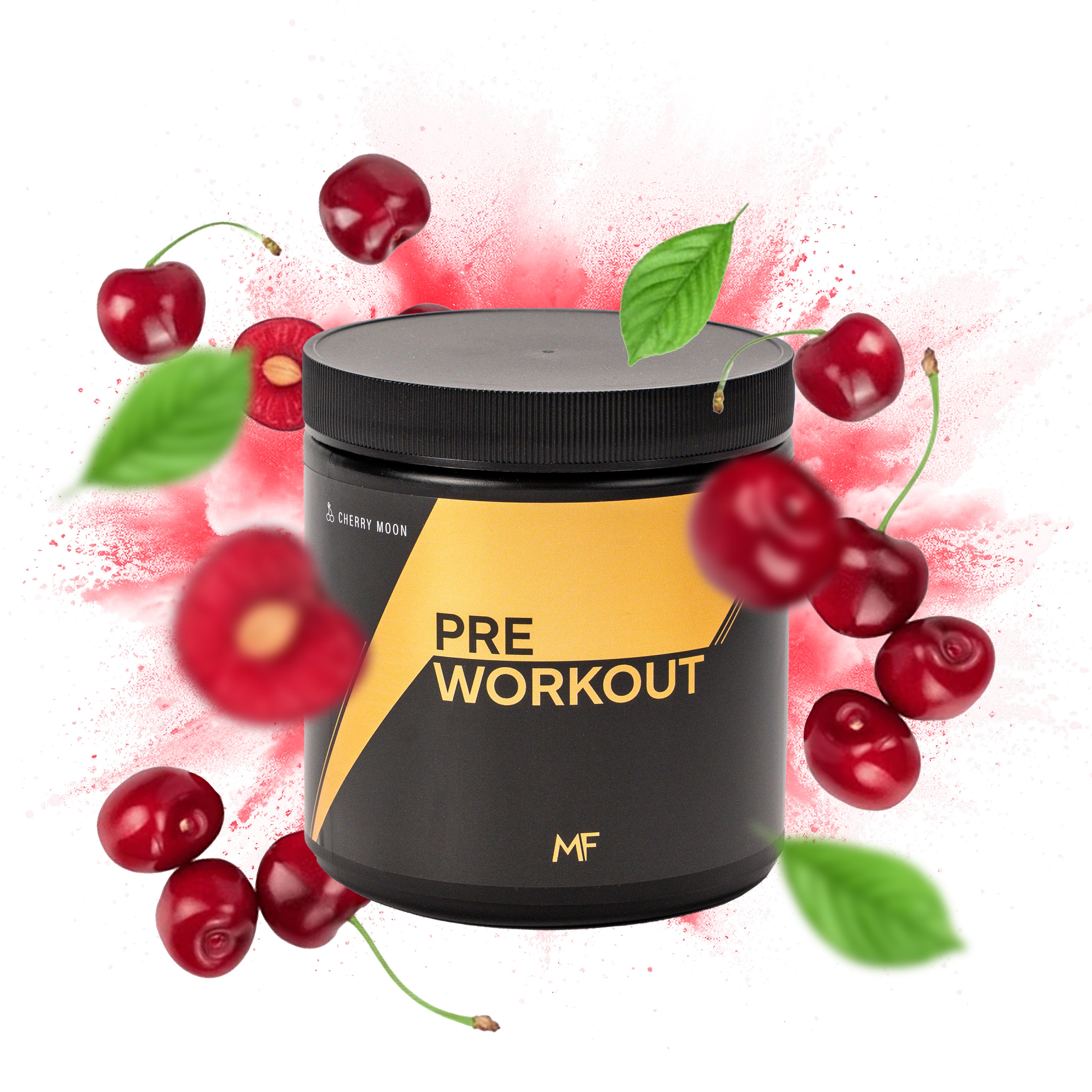 MuscleFuel Pre Workout – Cherry Moon smaak met kersen en groene blaadjes op explosieve achtergrond