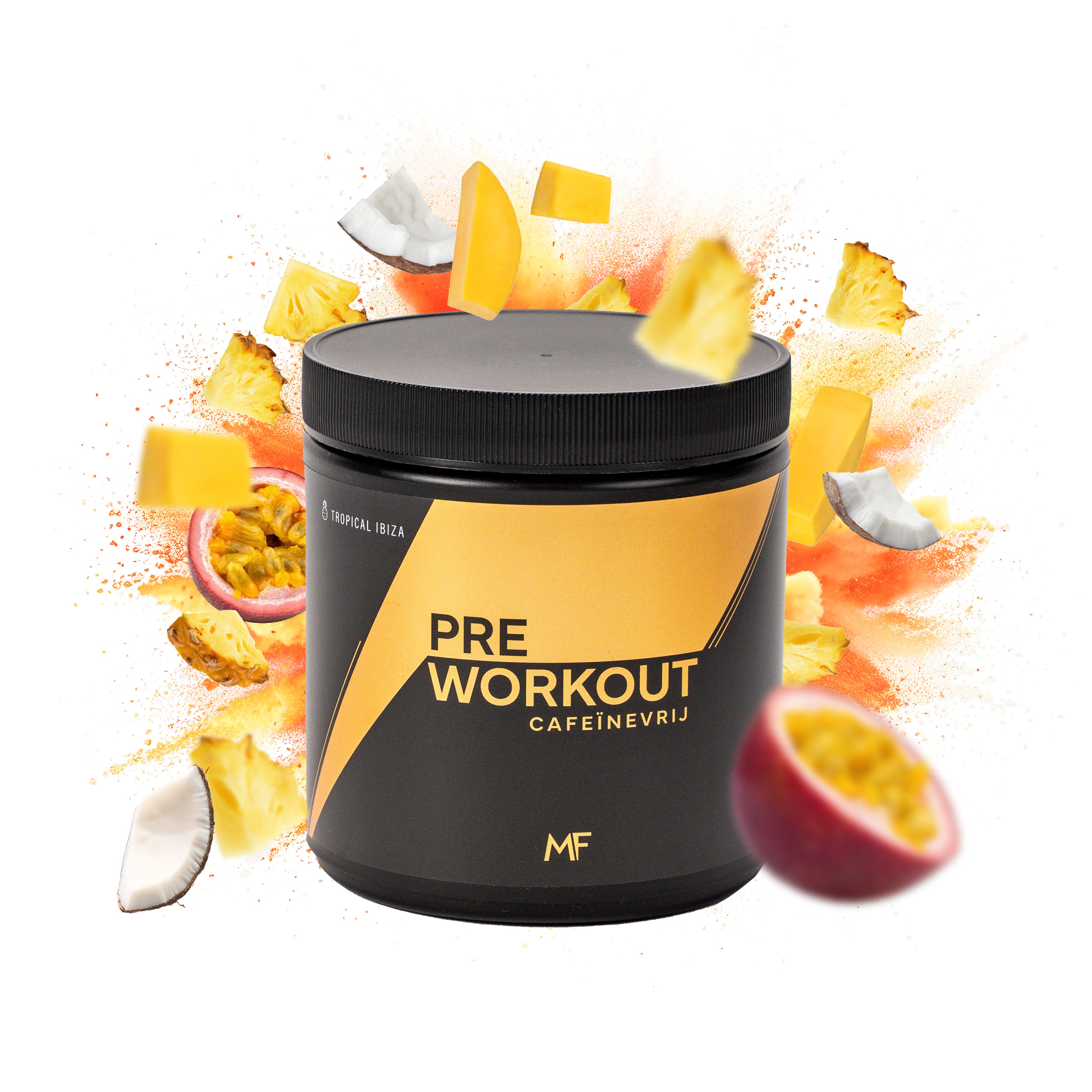MuscleFuel Pre Workout cafeïnevrij – Tropical Ibiza smaak met ananas, mango, kokos en passievrucht op explosieve achtergrond