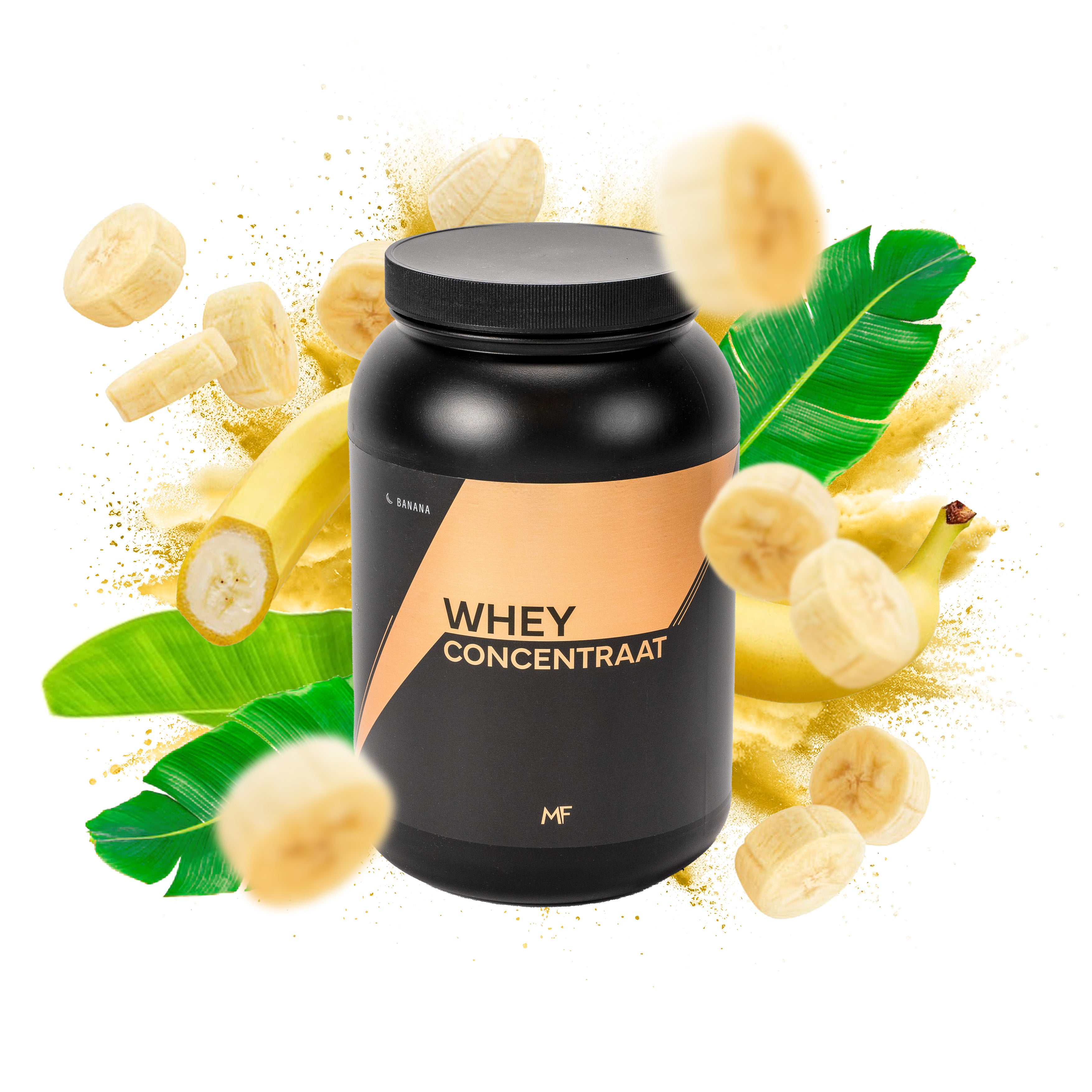 MuscleFuel Whey Concentraat – Banaan smaak met banaan, banaan stukjes en groene banaanbladeren op explosieve achtergrond
