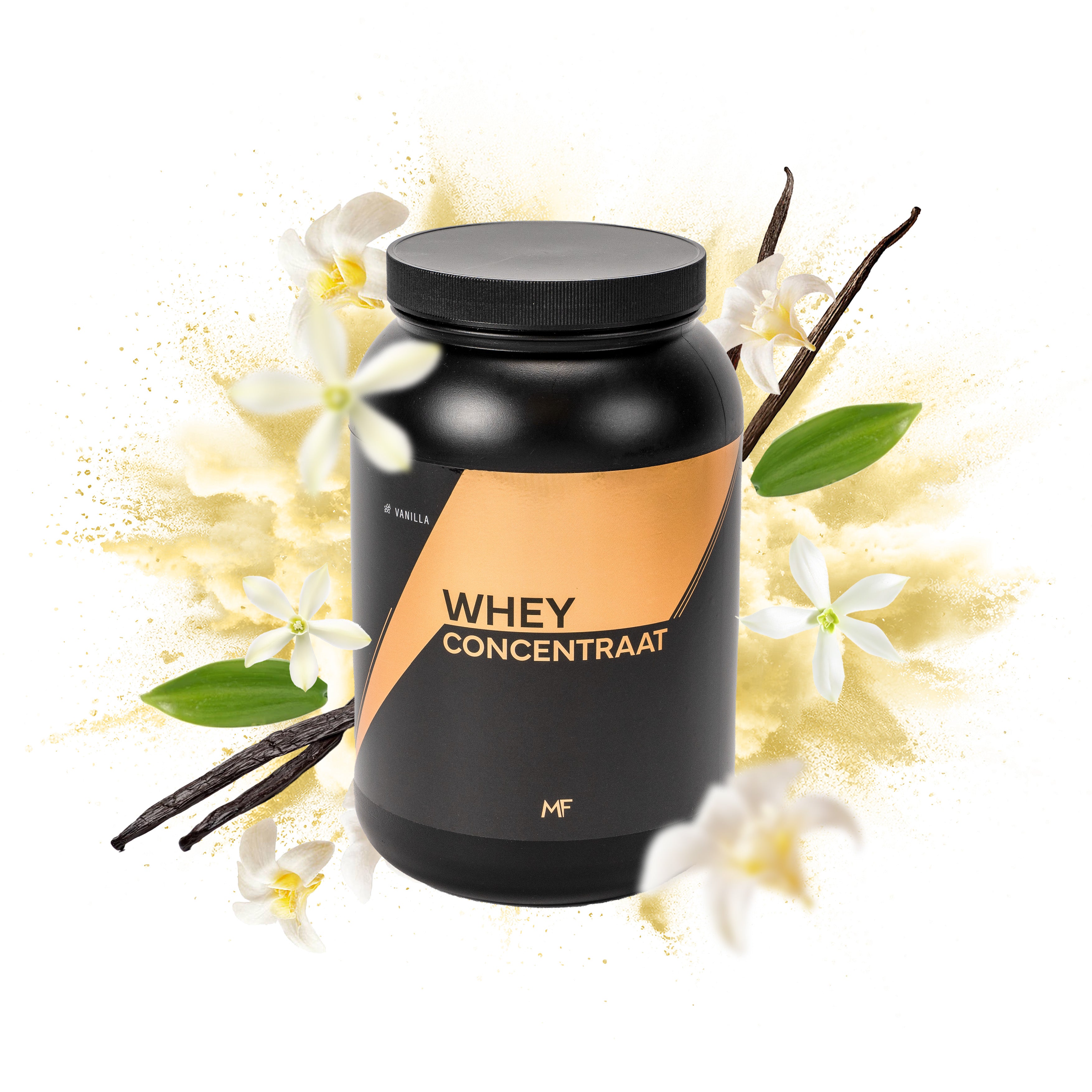 MuscleFuel Whey Concentraat – Vanille smaak met vanille, vanille stokjes en groene blaadjes op explosieve achtergrond