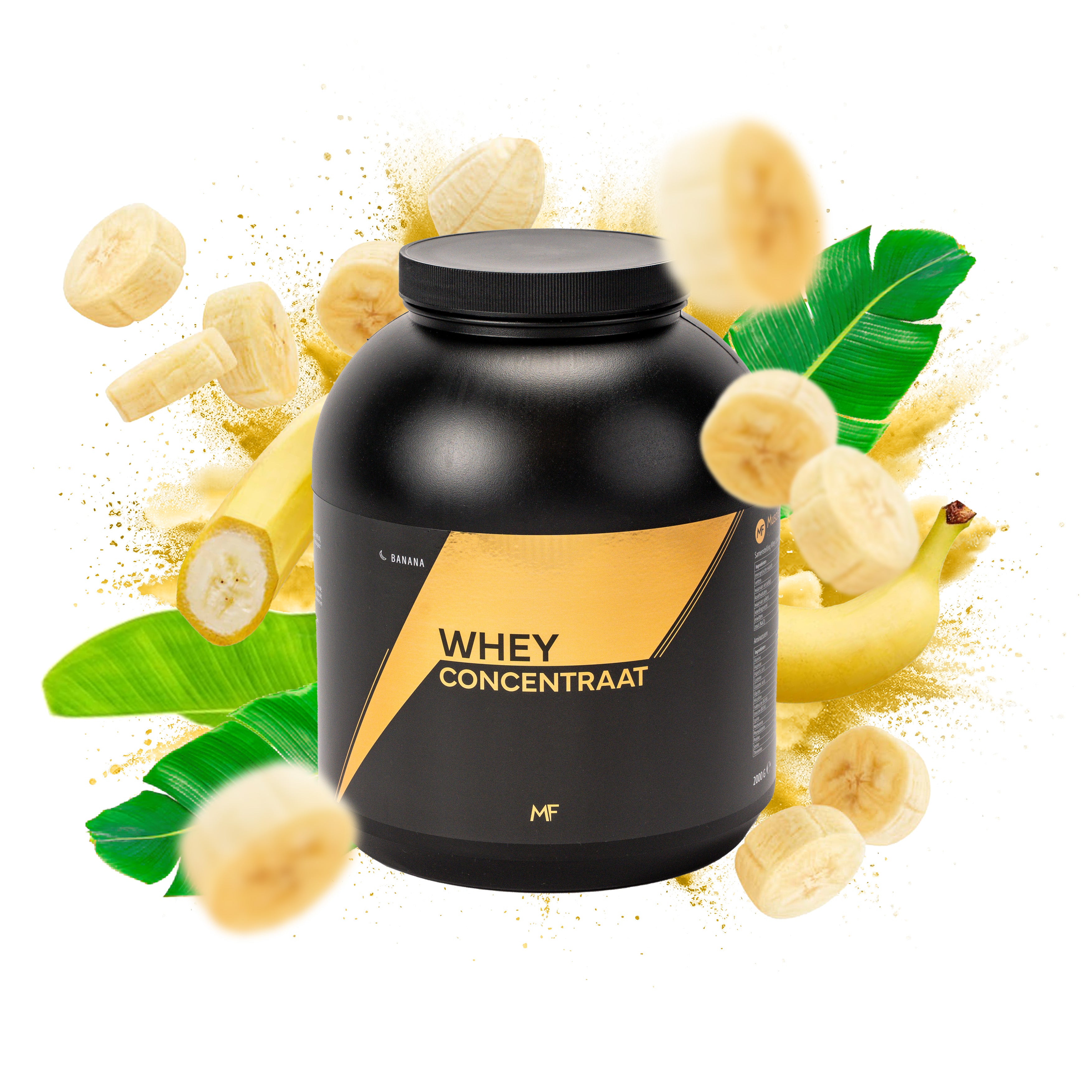 MuscleFuel Whey Concentraat – Banaan smaak met banaan, banaan stukjes en groene banaanbladeren op explosieve achtergrond