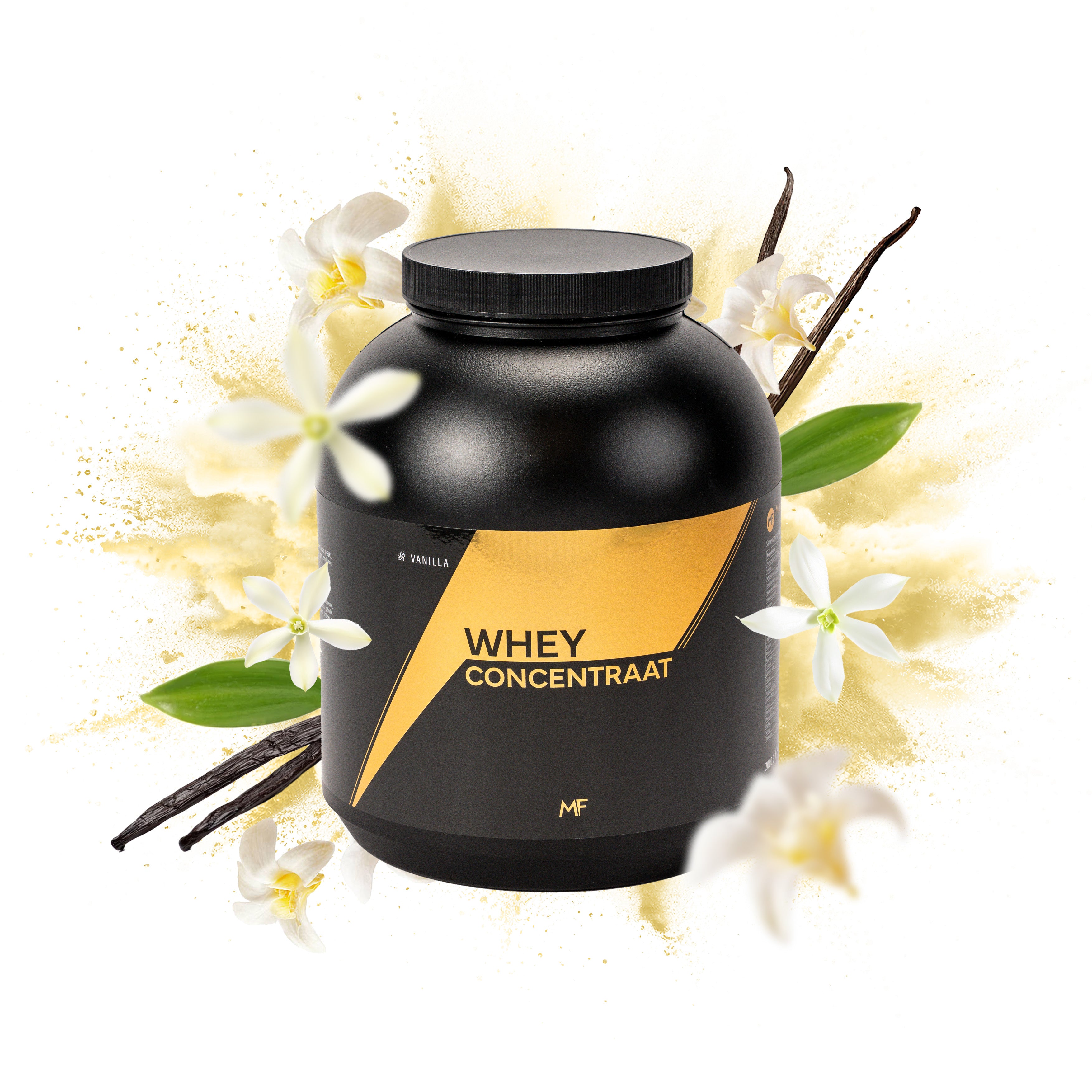 MuscleFuel Whey Concentraat – Vanille smaak met vanille, vanille stokjes en groene blaadjes op explosieve achtergrond